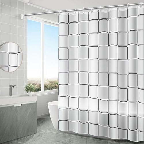 Grau und Weiß Streifen Wasserdichter Textil Duschvorhang 120x190cm Antischimmel Schnell Trocknend Badezimmer Vorhang für Badewanne und Bad mit 12 Duschvorhängeringen Waschbarer Duschvorhang
