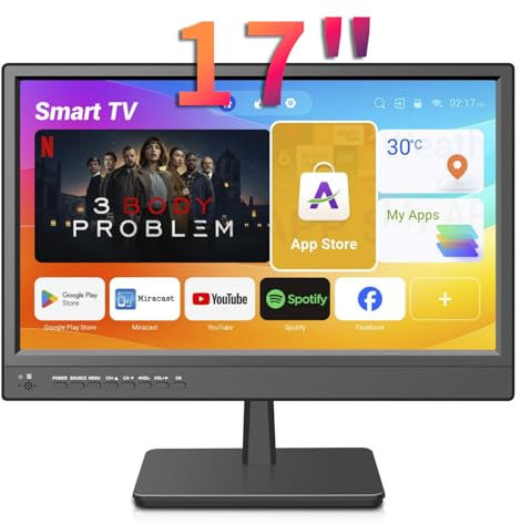 KCR Smart TV, 17 pollici LED digitale DVB-T2, TV portatile freeview, supporto wifi RJ45, presa USB, uscita cuffie, telecomando coassiale, ingresso AV, HDMI in, colore nero