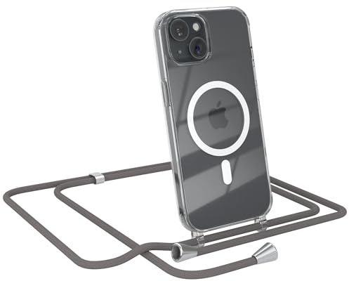 EAZY CASE - mobilkedja kompatibel med iPhone 15, kedja för upphängning, stötsäkert mobilskal för iPhone 15, silikonskal med rem, transparent mobilskal i Antracit