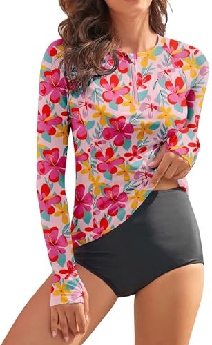 WOWENY Damen Schwimmshirt Langarm 1/4 Zip badeshirt Rashguard Sonnenschutz Swimsuits Bademode surf Shirt Strand Swimming Vest,FB,M