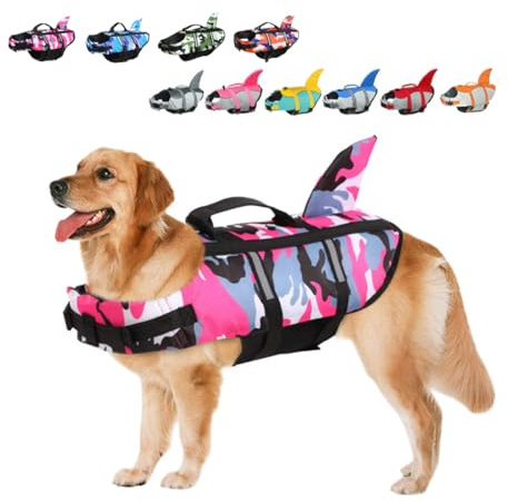 Giubbotti Di Salvataggio Per Cani Giubbotto Squalo Salvagente Per Animali Domestici Salvagente Gilet con Manico e Riflettente Per Cani Piccoli, Medi e Grandi, Taglia Regolabile Mimetico Rosa XS