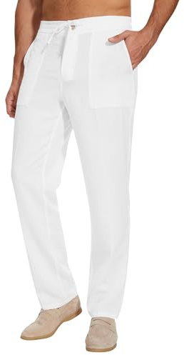 SEVEGO Mens Casual Linen Pants 34'' Elastic Waist Drawstring Straight-Legs Summer Beach Loose Fit Trousers White, XL