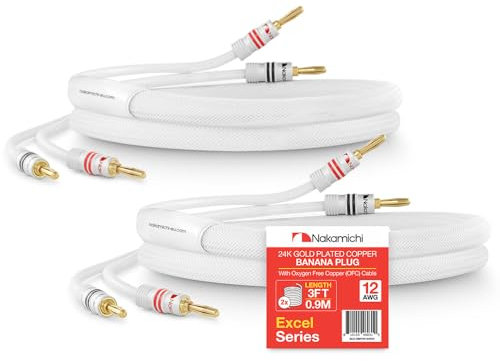 Nakamichi 24K vergoldeter Bananenstecker mit Lautsprecherkabel, 99,9% sauerstofffreies Kupfer (OFC), robustes geflochtenes Kabel, CL2-zertifiziert - Weiß (12AWG / 3 Fuß / 0,9 Meter) 2er-Pack