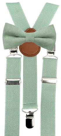Set mit Fliege und Hosenträgern aus Baumwollmischgewebe für Kinder und Jungen, Fliege und Eukalyptus-Hosenträger in Salbeigrün, Bow Tie: Length 10cm, width 5cm