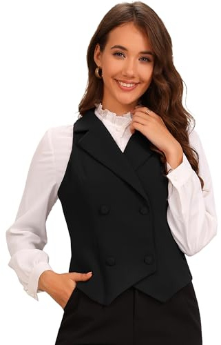 Allegra K Gilet à Revers Cranté Femmes Double Boutonnage Col en V Vêtements de Travail Gilet de Costume Blazer sans Manches de Business Noir S
