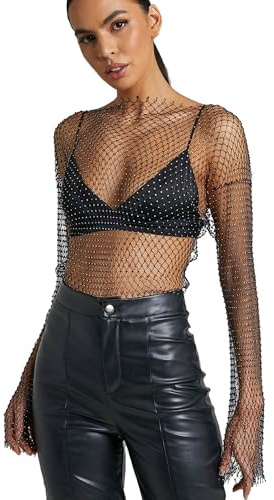 RUIXIA Haut Sexy en Maille avec Paillettes Scintillantes Haut à Manches Longues en Résille Transparent pour Femme Blouse Sexy en Maille pour Plage Club Bal Soirée