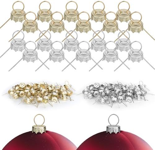 Cosmos 100 Pcs 2 Colors Round Christmas Ornament Caps, Christmas Ball Metal Hangers Caps Replacement Ornament Tops for Xmas Tree, Ceramic, Glass, DIY Decorations, Gold/Silver (Small - 12 mm Dia.)