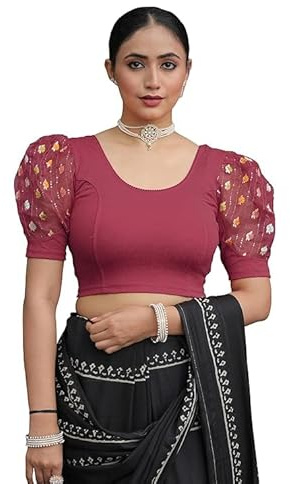 Jaanvi fashion Women's Round Neck Cotton Stretchable Elbow Sleeve Printed Princess Cut Piping/Kalamkari Ajrakh Readymade Saree Blouse