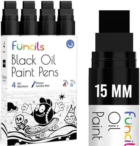 Funcils 15mm Jumbo Oil Black Paint Pens - Oil Based Paint Markers for Metal, Fabric, Glass, Rocks, Automotive Tire, Furniture Touch Up, Wood, Plastic Surfaces - Waterproof & Permanent Markers (4 pack)