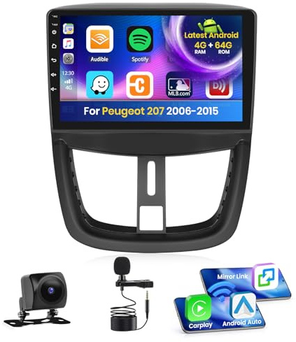 Inefala 4+64G Autoradio per Peugeot 207 2006-2015 Android 15 con Wireless CarPlay Android Auto, 9'' Schermo per Auto Soporta Bluetooth WIFI GPS FM/RDS 32EQ SWC AHD Telecamera Posteriore