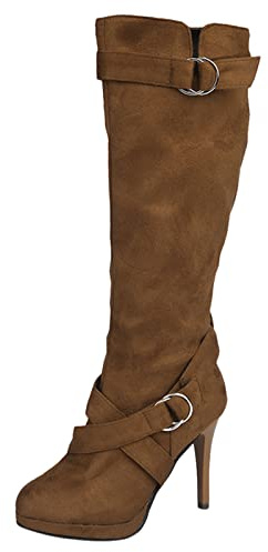 Botas largas cálidas de piel para mujer, botas hasta la rodilla, retro, de tacón plano, botas de media pantorrilla, botas altas hasta el muslo, Brown, 39.5 EU