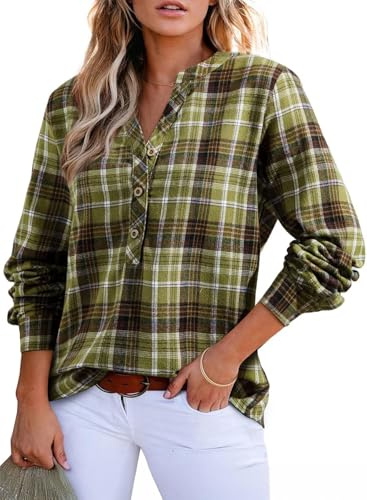 GRMLRPT Blusa a Cuadros para Mujer con Botones Manga Larga Oktoberfest Túnica Informal, Cuello en V Camisa de Franela(Verde,M)