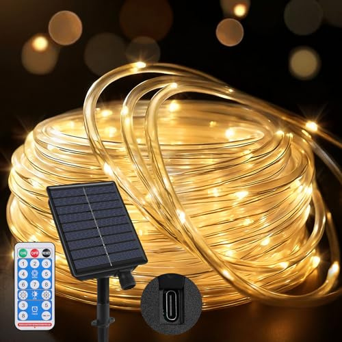 Joollurm Outdoor Rope Lights 65.6ft/20m 200 LEDs, Dual Solar & Type-C Charging, 8 Lighting Modes with Remote Timer, Waterproof String Lights for Garden Yard Party Christmas Decoration- Warm White