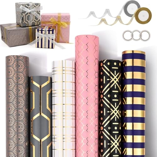 Weihnachtspapier Geschenkpapie, 6 Rollen 43 x 300cm Geschenkpapier Set, Schwarz Gold Geschenkpapierrolle, mit Schleifenband und Aufklebern, Geschenkpapierrollen für Geschenkkisten & Dekoration