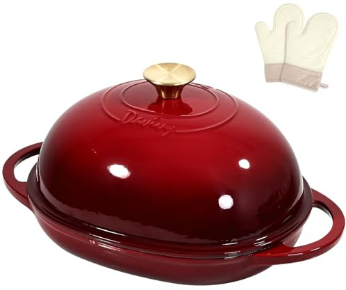 Davivy 6QT - Forno olandese ovale in ghisa per pane a lievitazione naturale, 22,1 x 27,9 cm, pentola olandese con coperchio a cupola, pentola per pane in ghisa smaltata (rosso rubino, con guanti da