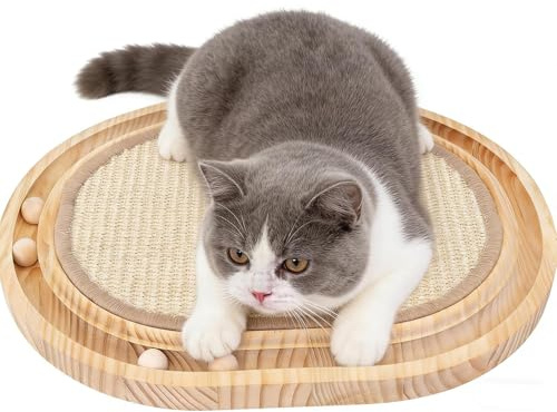 Katt klösbräda, 2-i-1 klösbräda, katt och kattleksak, kulbana trä, 43 x 33 x 2,5 cm, klösmatta katt med 6 små rullkulor, för katter för att klia, leka och sova