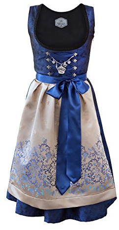 Edelnice Trachtenmode Designer esclusivo Midi Dirndl blu reale oro con bellissimo grembiule e Charivari taglia 32-54, Blu, 40