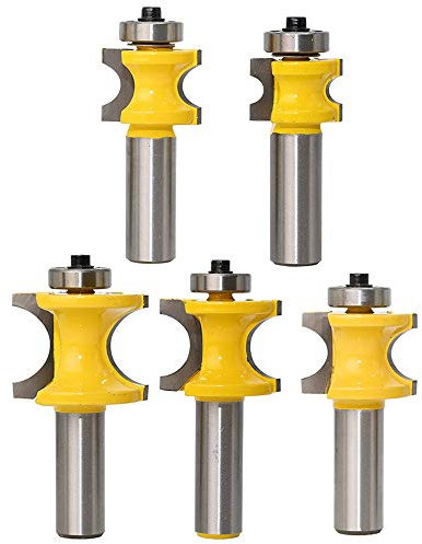 Yakamoz 5Pcs 1/2 Inch Shank Half Round Bearing Bullnose Router Bit Set Carbide Tipped Round Edge Cutting Bits | Radius 1/8 3/16 1/4 5/16 3/8