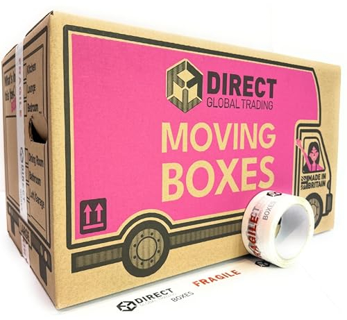 40 Strong Large Cardboard Storage Packing Moving House Boxes with Fragile Tape 52cm x 30cm x 30cm 47 litres Carry Handles and Room List