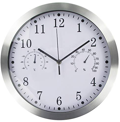 Orologio da parete in metallo al quarzo, 30,5 cm, moderno, silenzioso, senza ticchettio, con termometro, misura temperatura e umidità, per cucina, soggiorno, camera da letto, ufficio (argento)