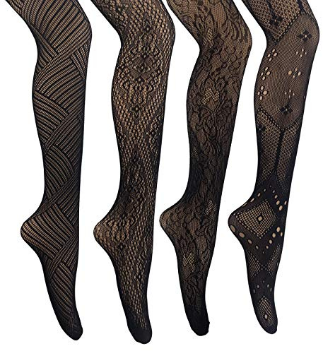 MANZI 4 Pairs Black Patterned Tights Goth Fishnet Tights Mesh Stockings Cross Pantyhose for Women-39074