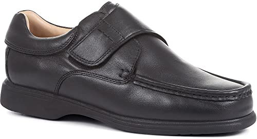Pavers Men's Wide Fit Leather Shoes in Black with Adjustable Rip Tape - Lightweight Comfortable Sole - Classic Look Footwear - Size UK 8 / EU 42