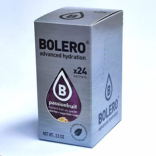 Bolero Drink 24 bolsitas 3 gr Sticks Frutas Preparado Polvo Soluble Para Bebida Fresca en Agua Producto, 72 gramos endulzado con stevia (Passionfruit)