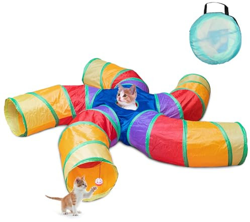 Depets Katzentunnel für Indoor-Katzen, großer 5-Wege-Spieltunnel und Schlauch mit Spielball, S-förmiges Faltrohr mit interaktivem Guckloch, Ideal für Indoor-Übung für Kätzchen,