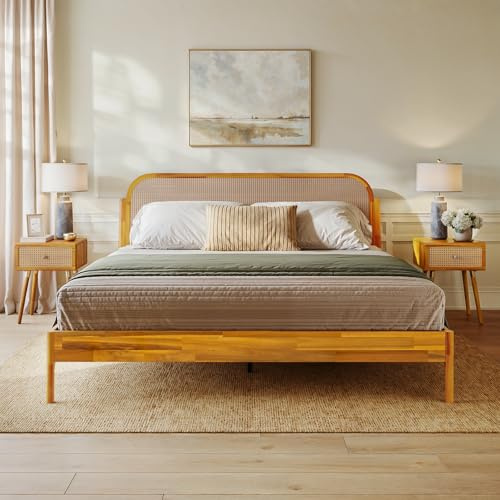 Bme Aurelia King Solid Wood Bed Frame with Rattan Headboard - Bohemian & Mid Century Modern Style - Wood Slat Support - No Box Spring Needed - Easy Assembly - Caramel