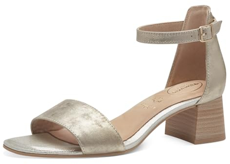 Tamaris COMFORT Damen Sandalen mit Absatz aus Leder mit verstellbarem Riemen, Gold (Cloudy Gold), 38 EU