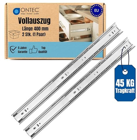 ONTEC Schubladenschienen Vollauszug 400mm 2 Stück - Schubladenauszug Extra Stabil Schubladen Schienensystem 45kg Traglast Auszugschienen Schubladenführungen - Leichte Montage