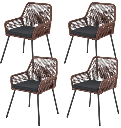 Juskys Rope Gartenstühle Kastos 4er Set - Outdoor Stuhl mit Armlehne & Kissen - Gartenstuhl 150 kg belastbar - Garten Balkon - Stühle Braun
