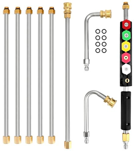 QWORK® Bacchetta di prolunga per idropulitrice, 4000PSI, con 6 punte ugelli, 10 anelli in gomma, attacco rapido 1/4, accessori lavaggio