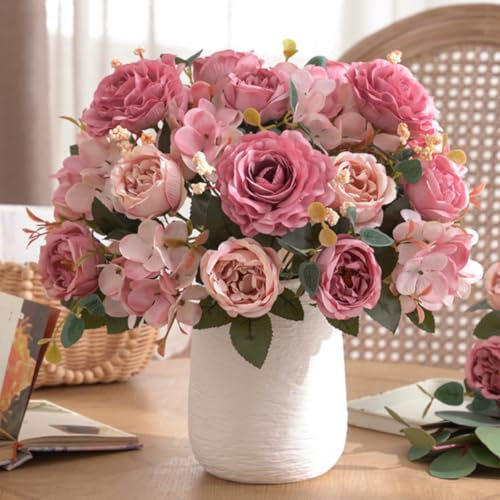 KARLOR Juego de 2 ramos de flores artificiales, peonías, hortensias, rosas artificiales, como peonías de seda real, para bodas, arreglos florales, centros de mesa, decoración del hogar (rosa y rosa