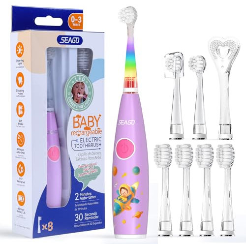 Seago cepillo electrico infantil, cepillo de dientes para bebés con luz LED de 8 cabezales, divertidas pegatinas DIY, 60 días de duración de la batería, Ideal para niños 0-6 años, SG-2159,Rosa
