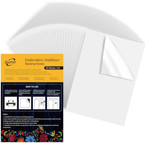 Siumir 30PCS Stabilisateur de Broderie, A4 (29.7x21cm) Soluble dans l'eau Auto-adhésif Stabilisateurs pour Couture, Imprimable Dessinable Papier pour Broderie à la Main et Machine
