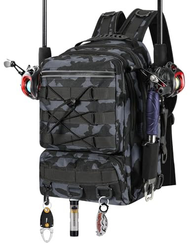 MoKo Angeln Rucksack Sling Bag mit Rod & Gear Holder, Nylon wasserdicht Fishing Tackle Storage Bag für Camping, Wandern, Jagen, Männer Vater, Graue Tarnung