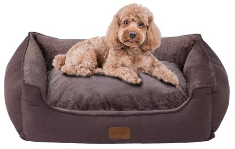 OUPEIWAWA Orthopädisches Hundebett für kleine & mittelgroße Hunde, 62x50x17cm (Schlafbereich 43x38cm), Hundekorb mit hohem Rand, Abnehmbarer & waschbarer Bezug, rutschfest, Dunkelbraun, Indoor/Auto