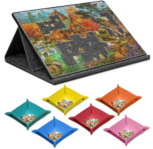 LUPATDY Plateau Puzzle de 1000 Pièces, Table Puzzle en Feutre, Planche Puzzles Portable avec 6 Bols de Tri Colorés, Couverture 2-en-1 et Support de Puzzles, Pliante Antidérapante