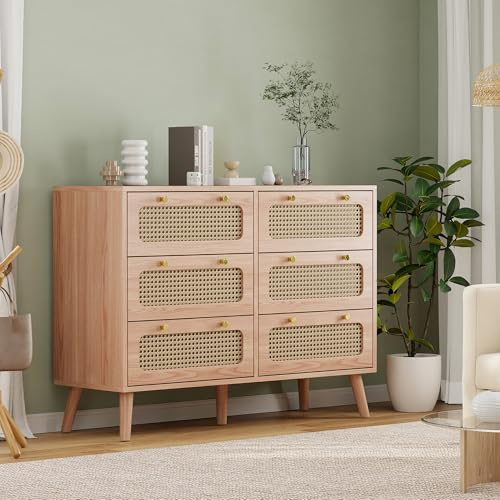 MEXUS Commode, Meuble de Rangement à 5 tiroirs, Meuble à Manger, Commode avec Portes en rotin, Meuble Polyvalent pour Couloir Chambre Salon Salle de Bain(73 x 100 x 34 cm- 6 tiroirs)