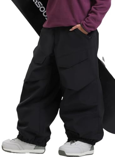 GSOU SNOW Pantalon de Ski pour Homme et Femme Pantalon de Snowboard, Baggy Ample Unisexe Imperméable Coupe-Vent Respirant Chaud, Noir, S