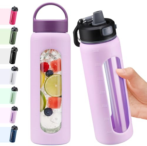 BLUEGO 700ml Glass Water Bottle with 2 Lids-One-touch Lock Lid and Handle Lid Reusable Drinking Bottle with Time Marking for Travel Home Gym Sports BPA Free, Purple