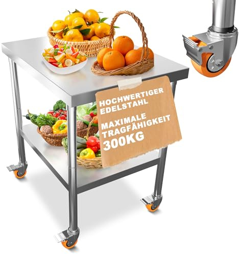 UISEBRT Arbetsbord i rostfritt stål, 4 stycken vridbara hjul med bromsar, förberedelserbord köksbord med justerbara höjdfötter, demonteringsbord lastkapacitet 300 kg för kök bar restaurangkärra, 85 x