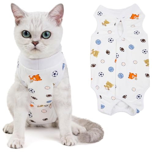 EJRUP Body Gatto Post Operatorio, Gatto chirurgia recupero Onesie traspirante anti-leccamento Cono, professionale gatto recupero camice per ferite addominali o malattie della pelle (Bianco M)