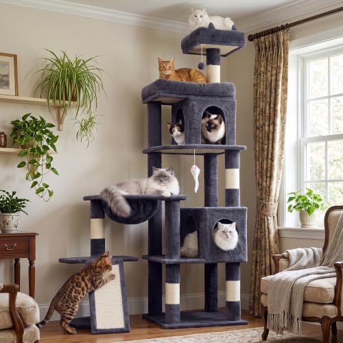 LIKISAK Cat Tree, 173cm Cat Tower with Scratching Posts for Indoor Cats | Multi-level Cat Tree Tower for Big Cats with 2 Cozy Condos, Scratching Ramp, 2 Platforms, Basket, Dark Grey PMT02DG