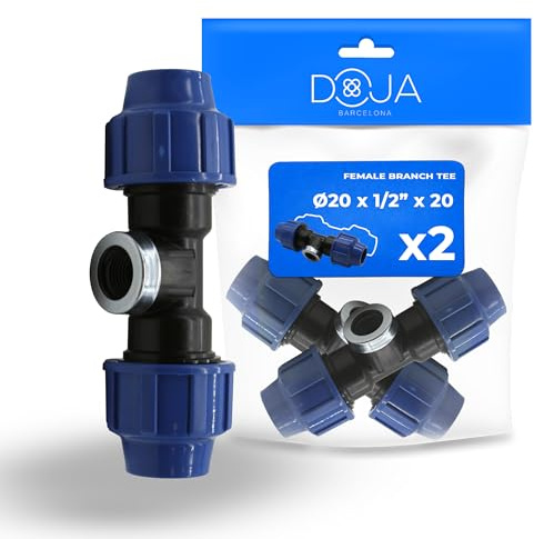 DOJA Barcelona Raccordo a T per Tubi PE Femmina per MDPE - 20x1/2x20 - Pack 2 - Tee Idraulica a Compressione per Tubo Acqua - Connettore Rapido, Robusto, Installazione Semplice e Collegamento Sicuro