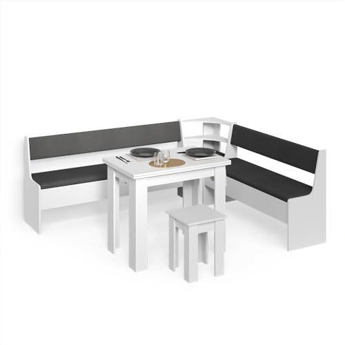 Livinity Gruppo panca ad angolo Tiberio, Bianco, 210 x 180 cm con tavolo