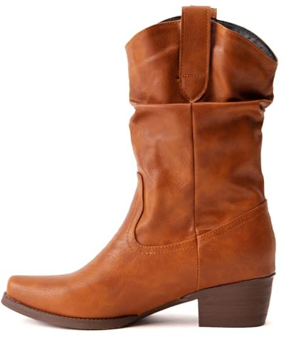 Cowgirlstövlar mitten av vaden dam rynkad åldrig fyrkantig tå tjock klack slip-on västerländsk konstnärlig händelse