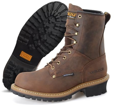 Carolina Elm Logger 8 Steel Toe Boots - Waterproof Work Boots - Slip-Resist Logger Footwear - Memory Foam Comfort Mens Shoes - One-Piece Rubber Lug Outsole - EH Rated - Brown - 11 Wide