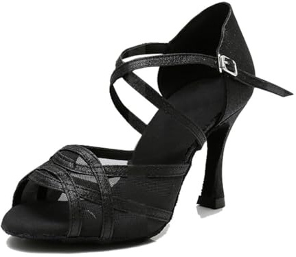MGM-Joymod Sandali da Donna Comfort Mesh Glitter Salsa Tango Sala da Ballo Latina Moderni Scarpe da Ballo Matrimonio Party Sandali, Nero Glitzer, 9cm Absatz,40.5 EU